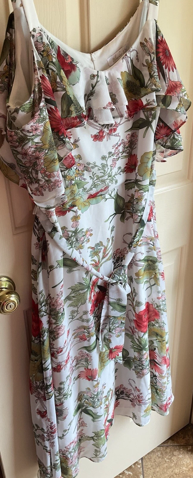 OFF WHITE Abito Bleecker 126 taglia 16 floreale volant trasparente foderato spalle scoperte bianco floreale