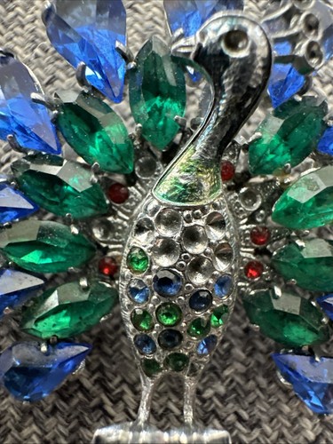 Signed CZECHOSLOVAKIA Vintage Peacock Rhinestone Figural Bird Brooch Pin AS IS - Picture 2 of 4