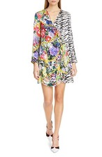 RIXO Floral Tiger Animal Print Colorblock Satin Wrap Dress XXS = 0 INTERMIX