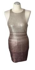 HALSTON HERITAGE SEXY OMBRE BEIGE TO BROWN DRESS ENTIRELY SEQUINED RACER BACK  M