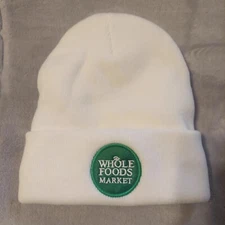 White Whole Foods Market Logo Knit Beanie Hat Cuff NEW