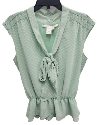 Max Studio Womens Fairy Sleeveless Top Large Mint Green Textured Bow Tie Cottage
