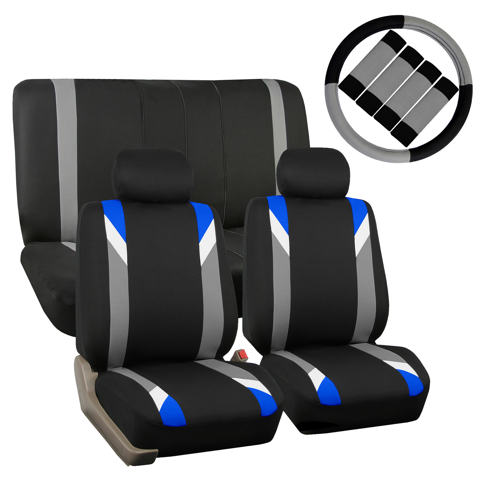 Car Seat Cover Set For Auto Sporty Blue W/2Head Rests,Steering Cover,Belt Pads