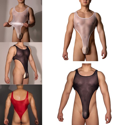 Body Uomo Trasparente Setoso Intimo Taglio Alto Tanga Body Lingerie Lucido - Foto 3 di 86