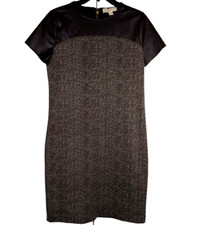 Michael Kors Tweed Sheath Dress Brown Faux Leather Short Sleeve Women's 8 READ