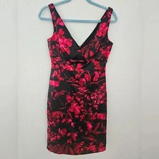 Dressbarn Collection Black Red Floral V Neck Sheath Cocktail Dress Size 4