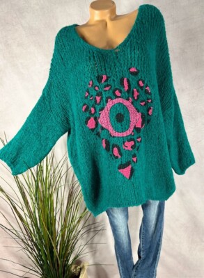 weicher Oversize long Pullover Grobstrick Italy Wolle Alpaka GRÜN