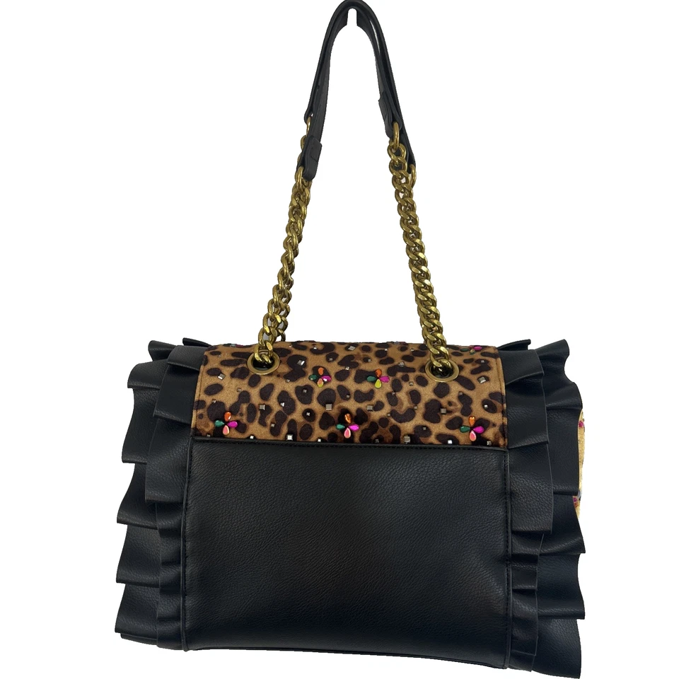 Bolso de Hombro Betsey Johnson Leopardo Volantes Correa de Cadena Estrás Adornado Foto 3 de 4