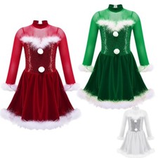Girl Christmas Sequins Dance Tutu Dress Long Sleeve Snowman Princess Dress Up