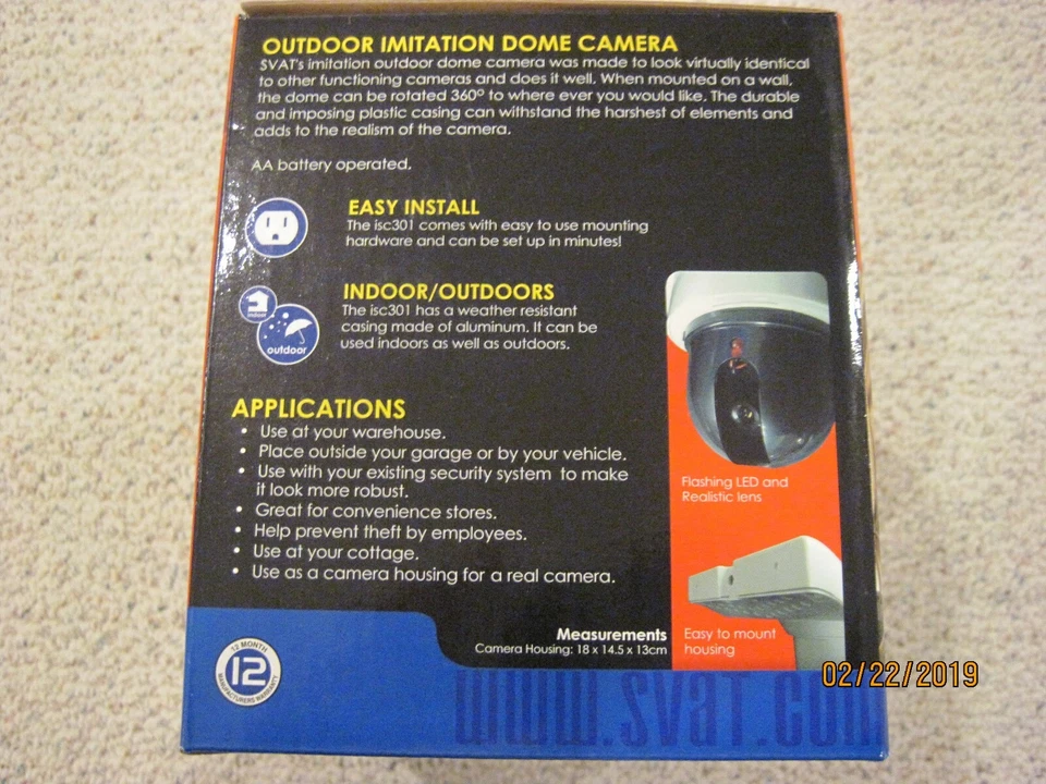 Имитация наружной купольной камеры безопасности SVAT, ISC301, мигающий красный светодиод, аккумулятор - Изображение 3 из 4