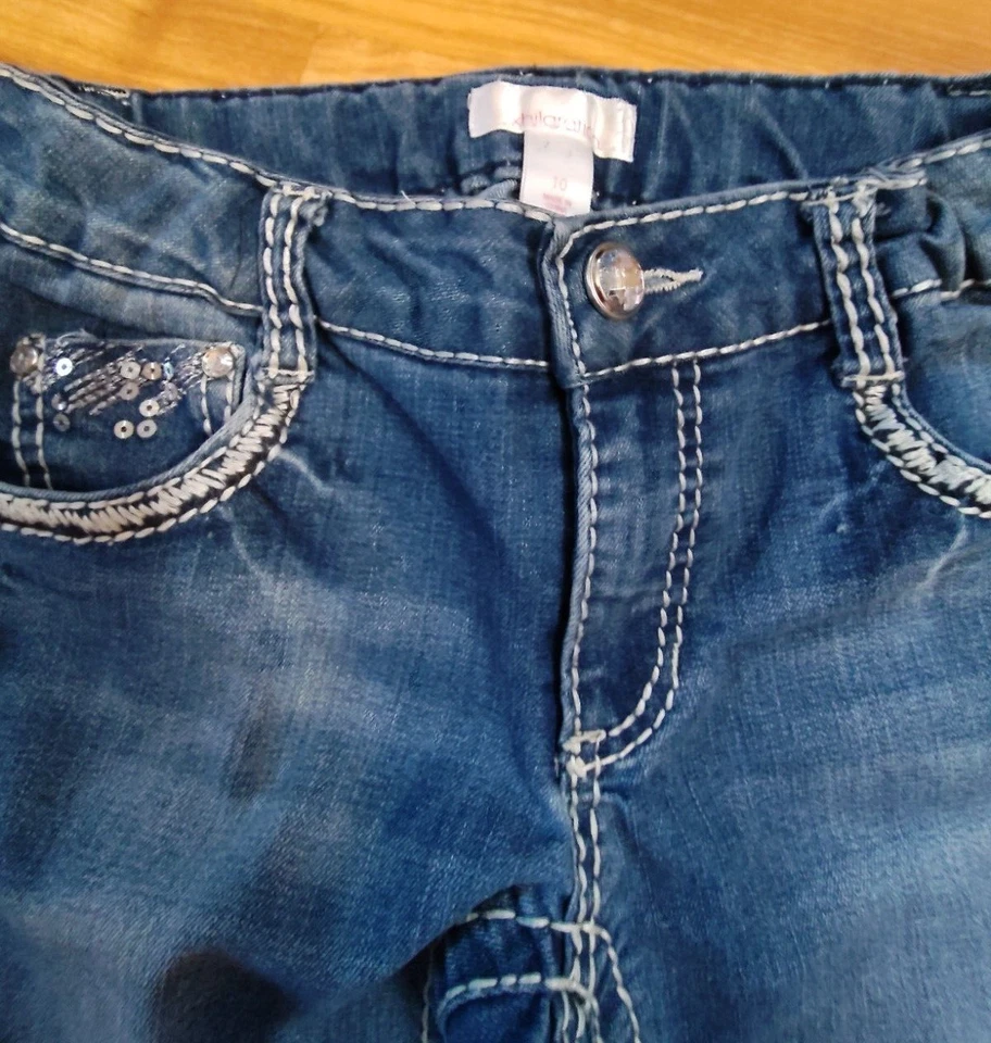 Pantalones de mezclilla para niñas talla 10 lentejuelas bolsillos brillantes cintura ajustable hilaración rectos Foto 4 de 4
