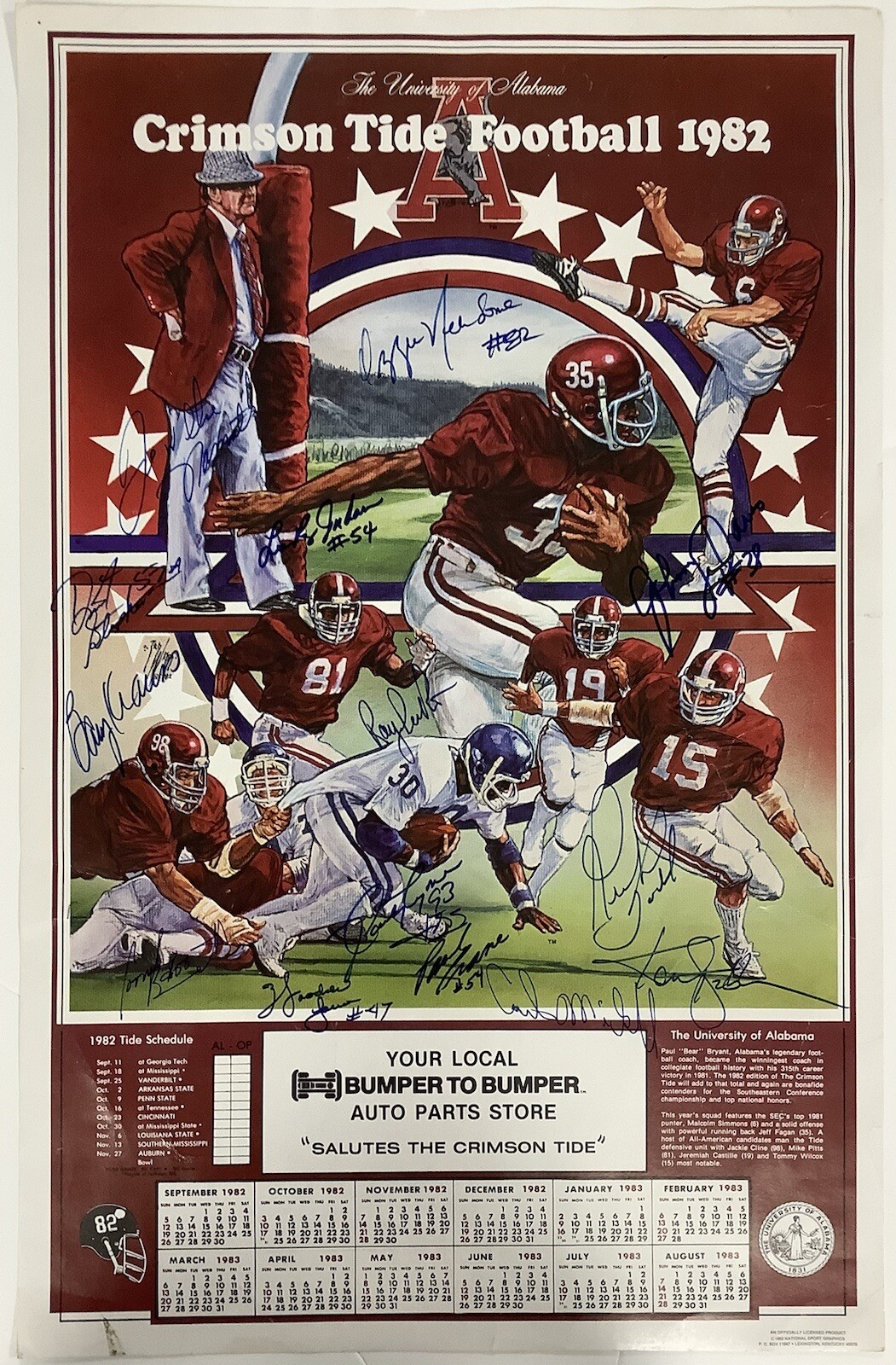 Joe Namath Autographed Signed Alabama Crimson Tide 1982 Alabama Crimson Poster 18x28 Ken Stabler +12 Auto PSA/DNA 