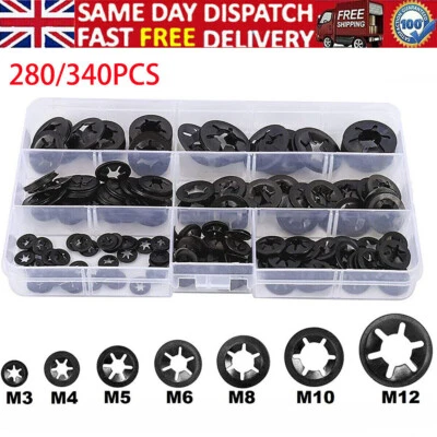 QNGENET 280/340Pcs Starlock Washers Push On Lock Star Tooth Grab Fastener Clips Lock Set