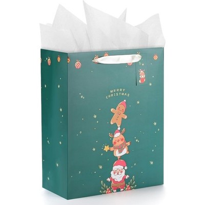 Large Christmas Gift Bag with Tissue Paper, 10x5x13 Inches for Presents, Kids,