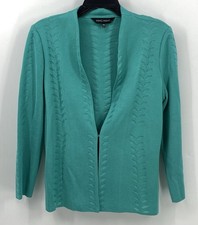 Ming Wang Aqua Teal Green Open Front Knit Cardigan Sweater Jacket Pet Medium
