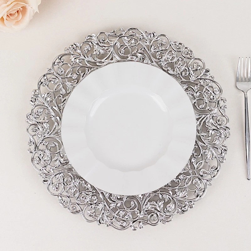 6 Placas Cargador PLATEADAS Redondas 13" Vintage Floral Acrílico con Bordes Tallados Foto 3 de 4