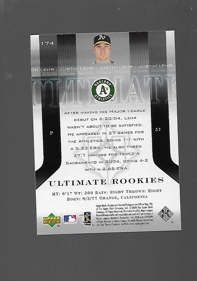 2004 Justin Lehr, Upper Deck Ultimate Rookies, Rookie, Numbered 173/299 - Image 2 of 2