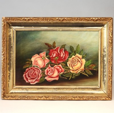 Antique C.1880 Primitive Roses Bouquet of Flowers on a Table Top O/C Painting