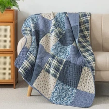 Cotton Quilted Throw Blanket, 50" x 60" Floral Farmhouse Patchwork Quilt, Sha...