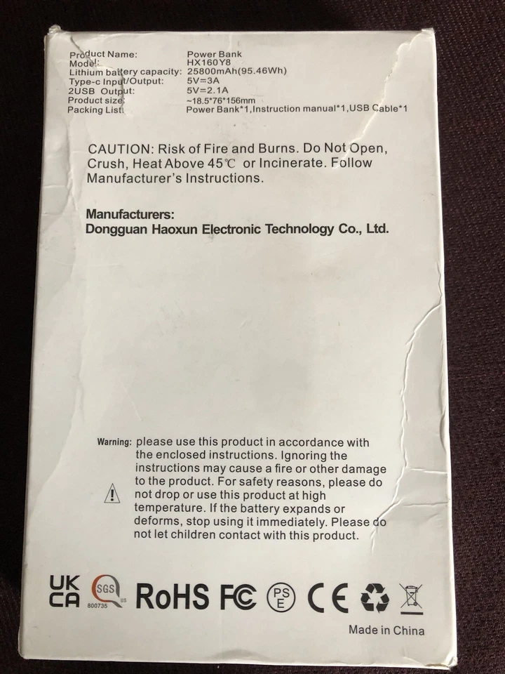 Cargador Portátil 25800mAh Banco de Alimentación Modelo HX160Y8 Tamaño 18.5 75 151 mm Cable USB Foto 2 de 4