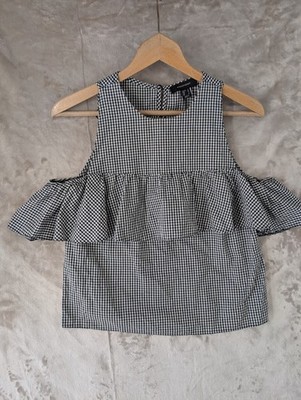 ATMOSPHERE Damen schwarz weiß Gingham Cold Shoulder Rüschen Top UK 8 Sommer Boho