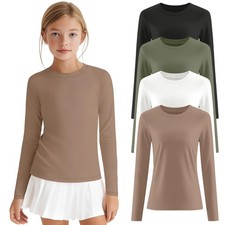 4 Pack Girls Long Sleeve Athletic Shirts Activewear Tops Basic Yoga Crew Neck...