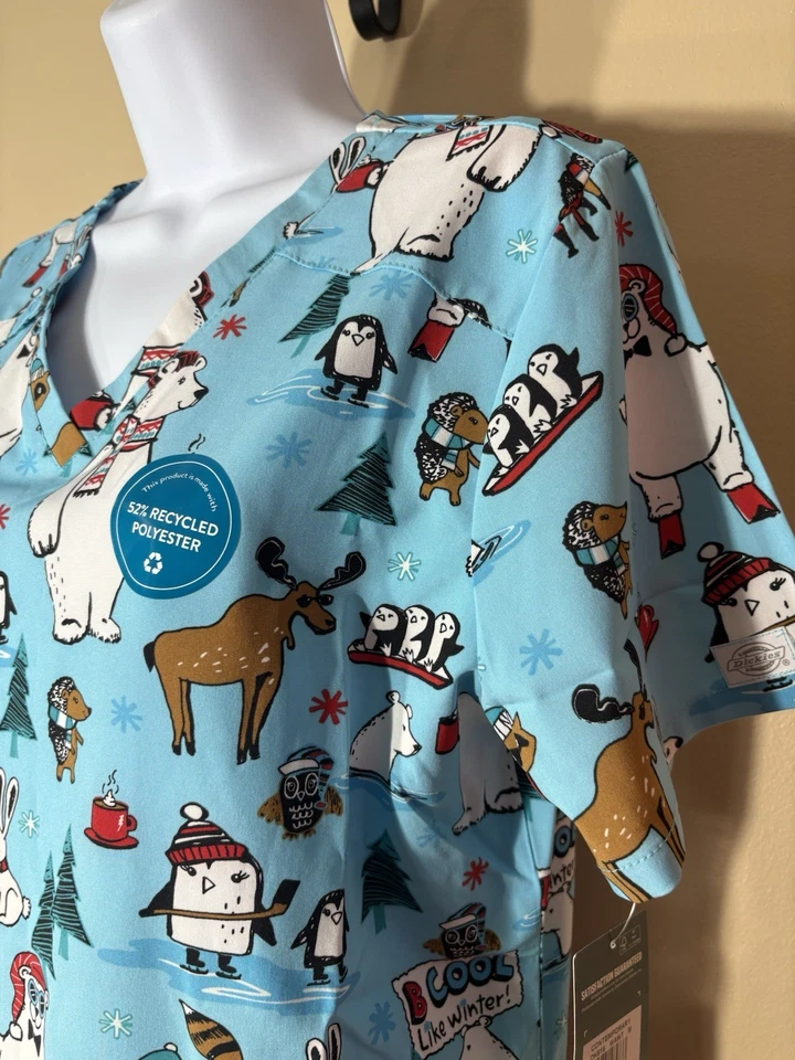 Dickies Women's Medical Scrub Top Sz M Be Cool Like Winter Animals  V- Neck NWT - Image 3 of 4