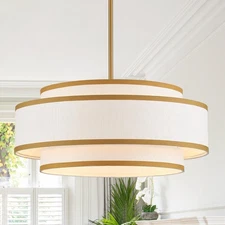 19.7" Gold Drum Chandelier with White Linen Lampshade 4-Light Modern Farmhous...