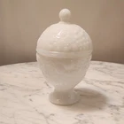 Vintage Avon white milk glass pedestal compote bowl with lid glossy finish