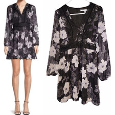 Cupcakes And Cashmere Black Floral And Lace Long Sleeve Mini Dress SZ 10
