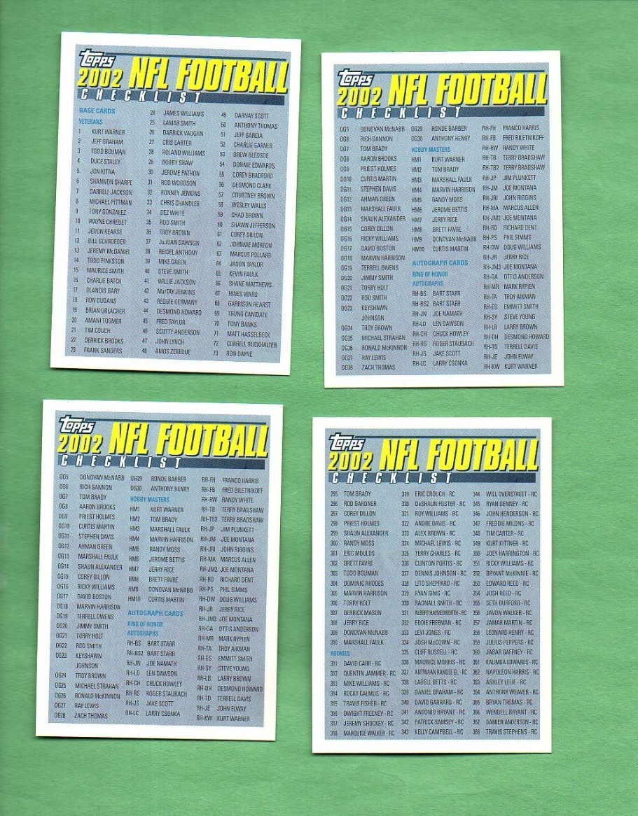 2002 Topps Football  All 4 CHECKLISTS- CARD #s 1OF4, 20F4, 3OF4 & 4O4 - UNMARKED
