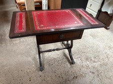 Extendable Side Coffee Table Wheels Claw Feet Red Leather Top Brown Wood Vintage
