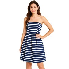 Gap Strapless Dress 2 Blue White Striped Pleated Fit Flare Short Length Classic