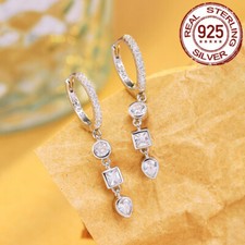 Women Sterling Silver Geometric Cubic Zirconia Charm Dangle Huggie Hoop Earrings