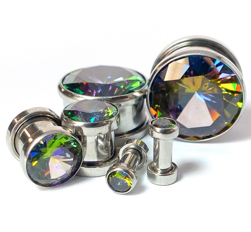 PAIR Large Vitrail Gem Screw Fit Tunnel Plugs Gauges Body Jewelry Piercing - Picture 3 of 10