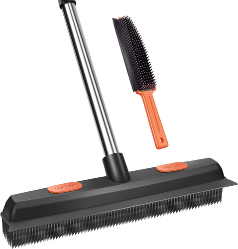 Rubber Broom Carpet Rake for Pet Hair, Fur Remover Broom with Squeegee, Portable - Picture 11 of 12