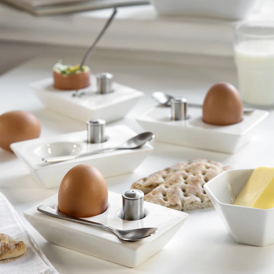 Eierbecher SET PORZELLAN mit Salzstreuer + Löffel aus EDELSTAHL weiß - Bild 2 von 2