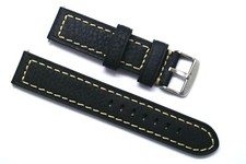 20mm Black Oily Cowhide Leather Contrast Stitch Watch Band W/ Silver Tone Buckle