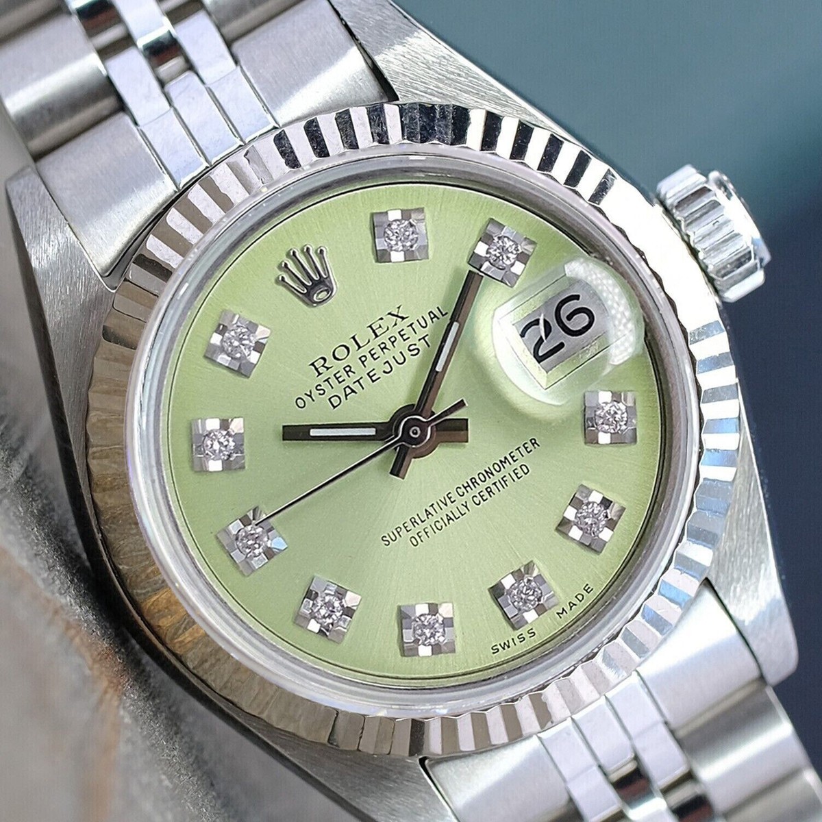ROLEX DATEJUST 69174 7コマ Rolex Ladies Datejust 69174 Green Dial 18K White Gold