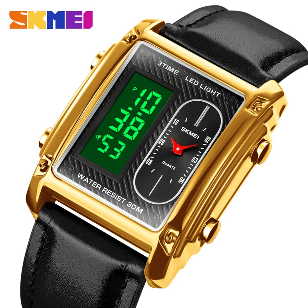 SKMEI Men Leather Wristwatch Rectangle LED Digital Watches Black Sport  Watch eBay