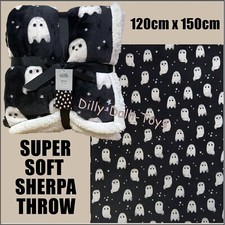 Black & White Ghost Sherpa Throw Blanket 120cm x 150cm Super Soft Halloween Goth