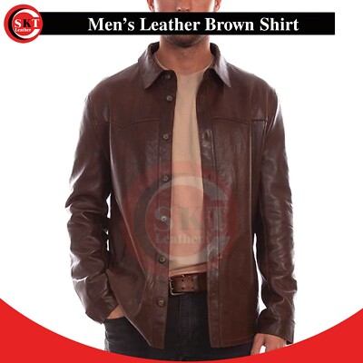 Mens Dark Brown genuine Lambskin Leather Shirt Long Sleeve Slim Fit Causal Shirt