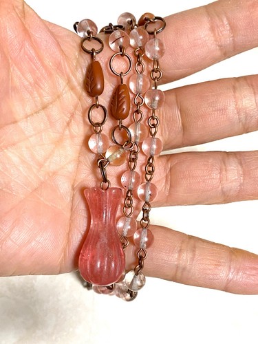 Cherry Quartz Flower Bud & Red Jasper Long Necklace, Gemstone + Copper Links - Picture 14 of 15