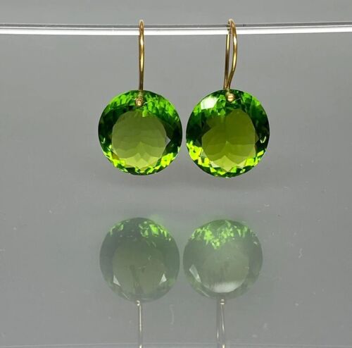 Round Cut Peridot Earring, 14k Solid Gold Drop Dangle Big Stone Earring Gifted - Picture 2 of 6