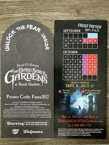 Busch Gardens 2012 Howl O Scream Halloween Leaflet & Door Promo MINT VERY RARE - Picture 2 of 4