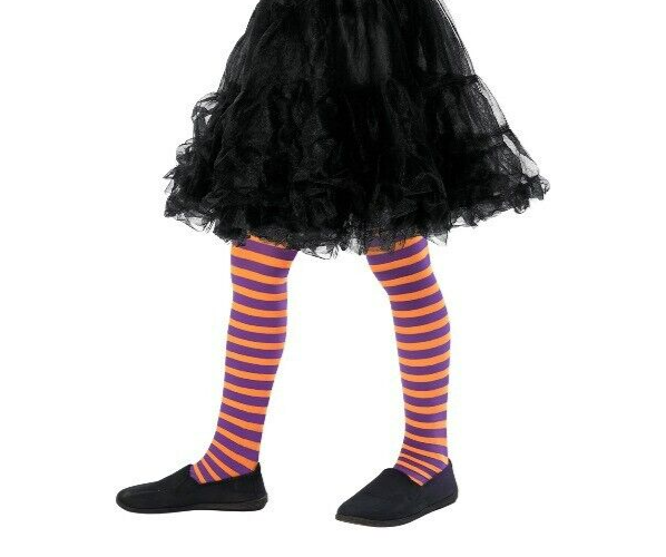 Orange Purple Tights 7-12 Girls Fancy Dress Halloween Wicked Witch Kids Costume