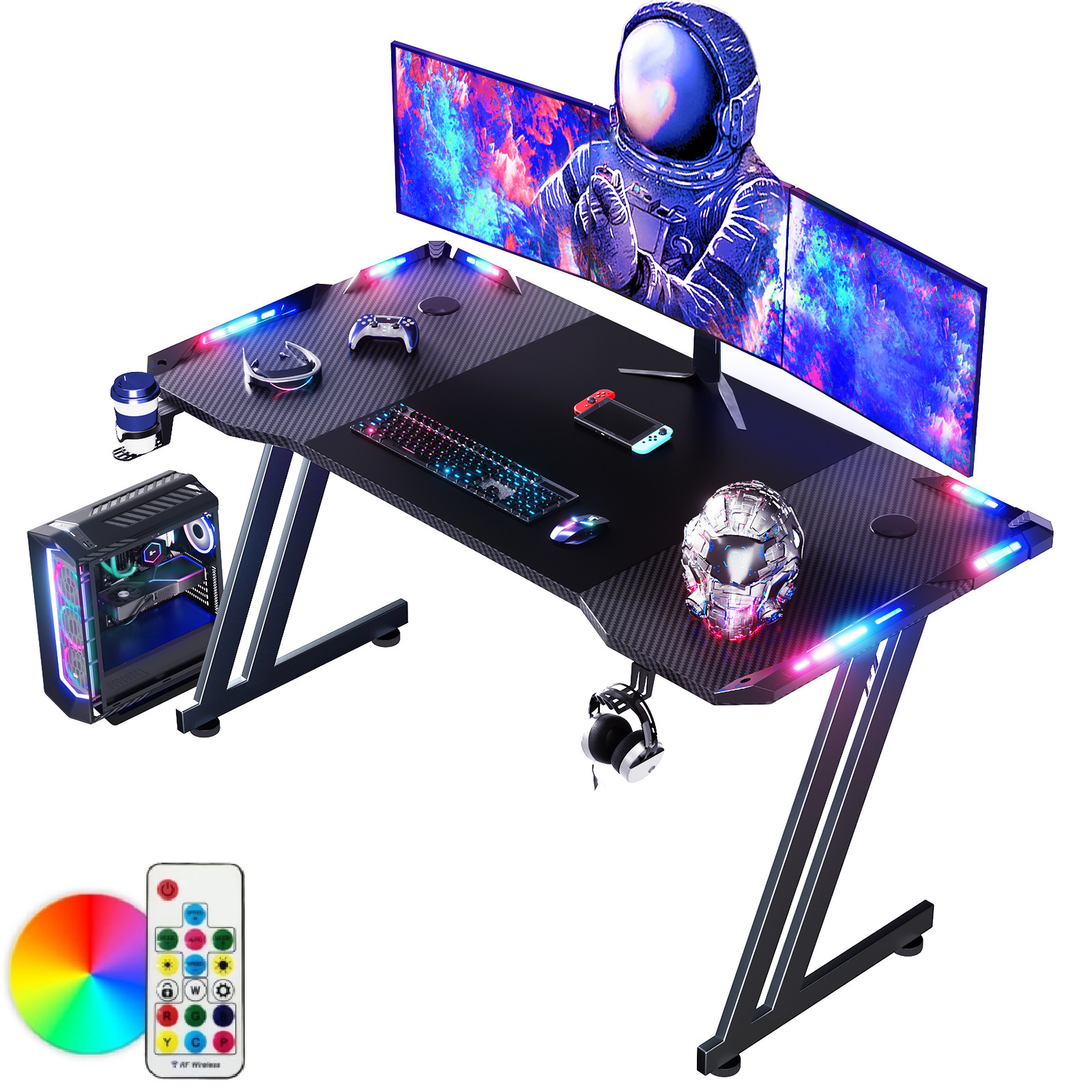 DLONGONE 120 x 60cm RGB Gaming Desk, Large Gaming Table for Laptop, Home Office Desk with Carbon Fiber Coated, Gaming PC Desk with Headphone Hook and Cup Holder, Easy to Assemble, Black 15 LED Gaming Desk Computer Table Workstations w/ Headphone Hook & Cup Holder Black