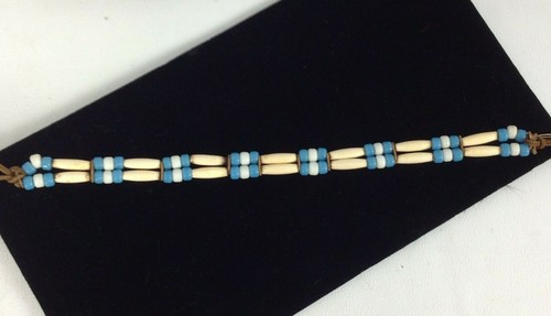 Vintage Native American Bone Blue Glass Bead Leather Choker Necklace - Picture 2 of 12