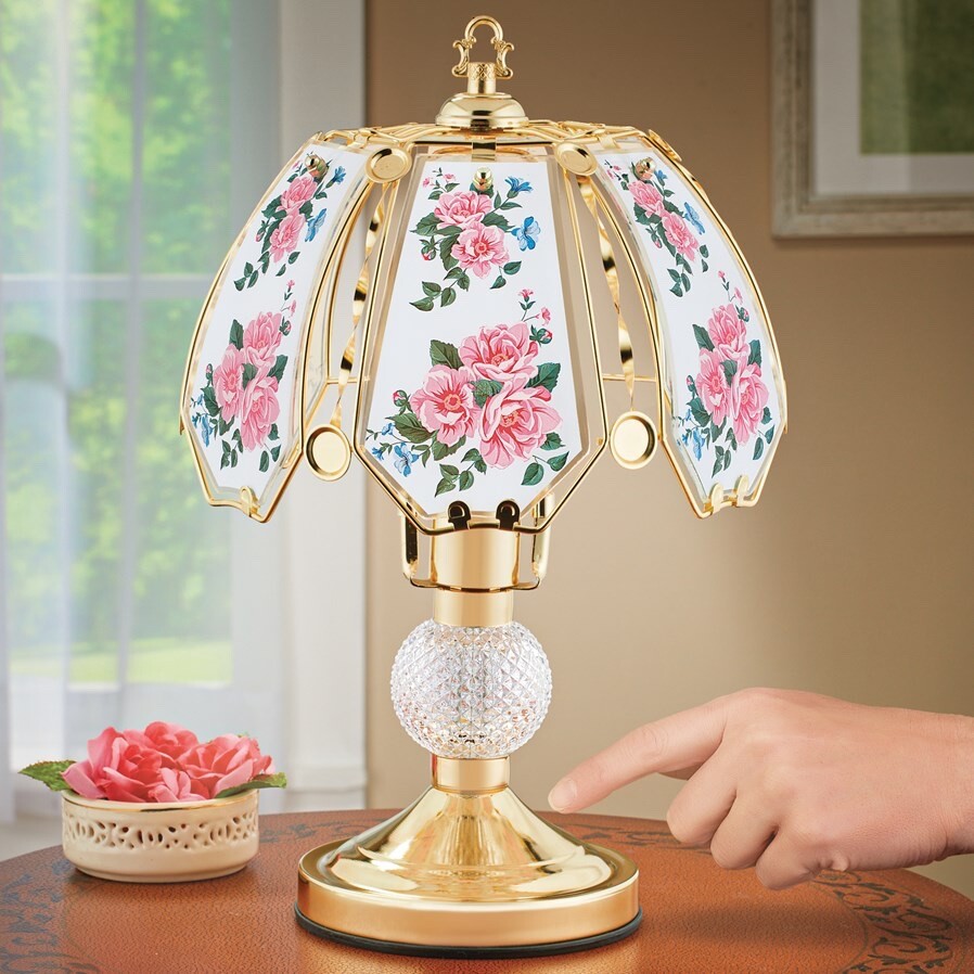 3-Way Touch Table Lamp Beautiful Pink Roses Flower Glass Gold Base Home  Decor