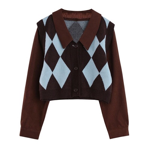 Women Knitted Sweater Jumper Argyle Pattern V Neck Long Sleeve Retro Causal - Afbeelding 6 van 17